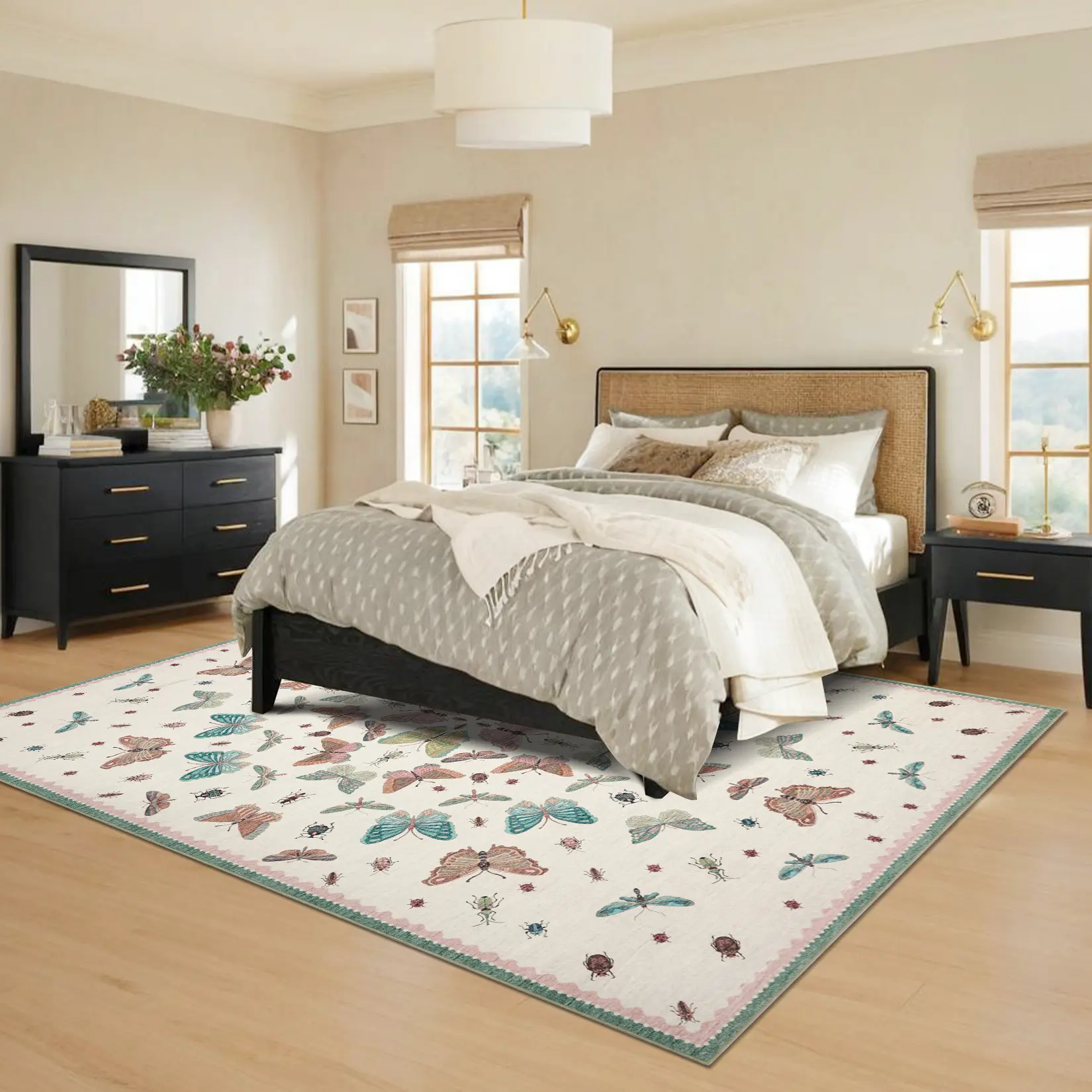 Modern Butterfly Area Rug Washable Boho Tribal Carpet Non Slip Foldable Large Floor Mat for Living Room Bedroom Nursery Kids