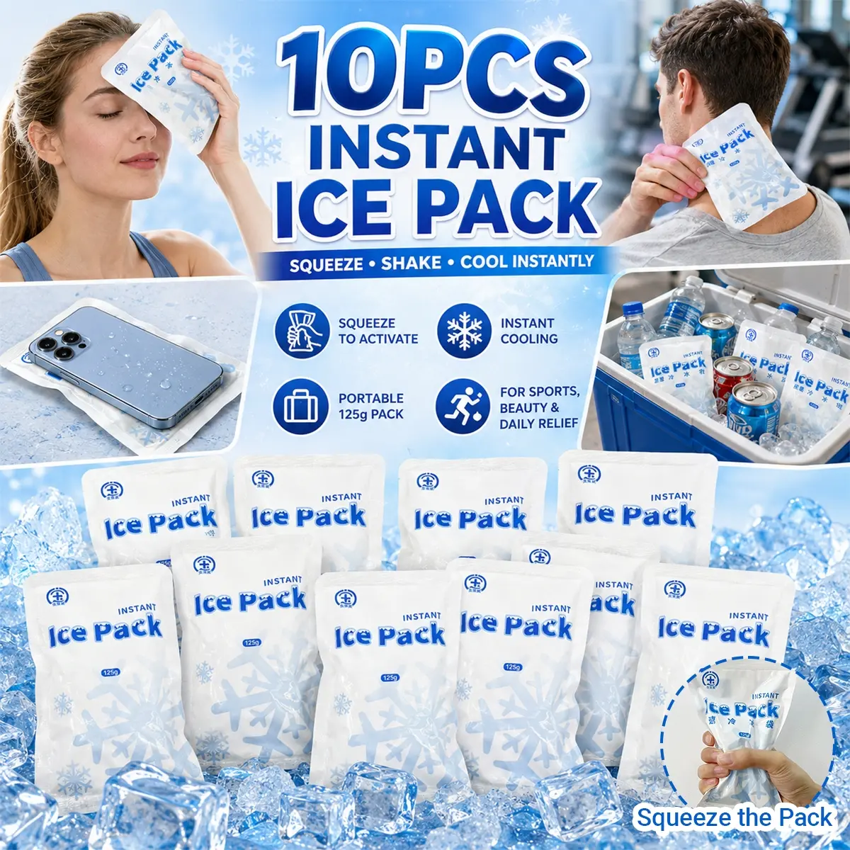 10Pcs Instant Ice Pack Cooling Bags, Squeeze-Activate No-Freezer Cold Compress Packs, Portable 125g Rapid Cooling Ice Packs for Sports, Outdoor Workout, Travel, Beauty Routine, Summer Heat Relief, Lunch Bag, Emergency Cooling