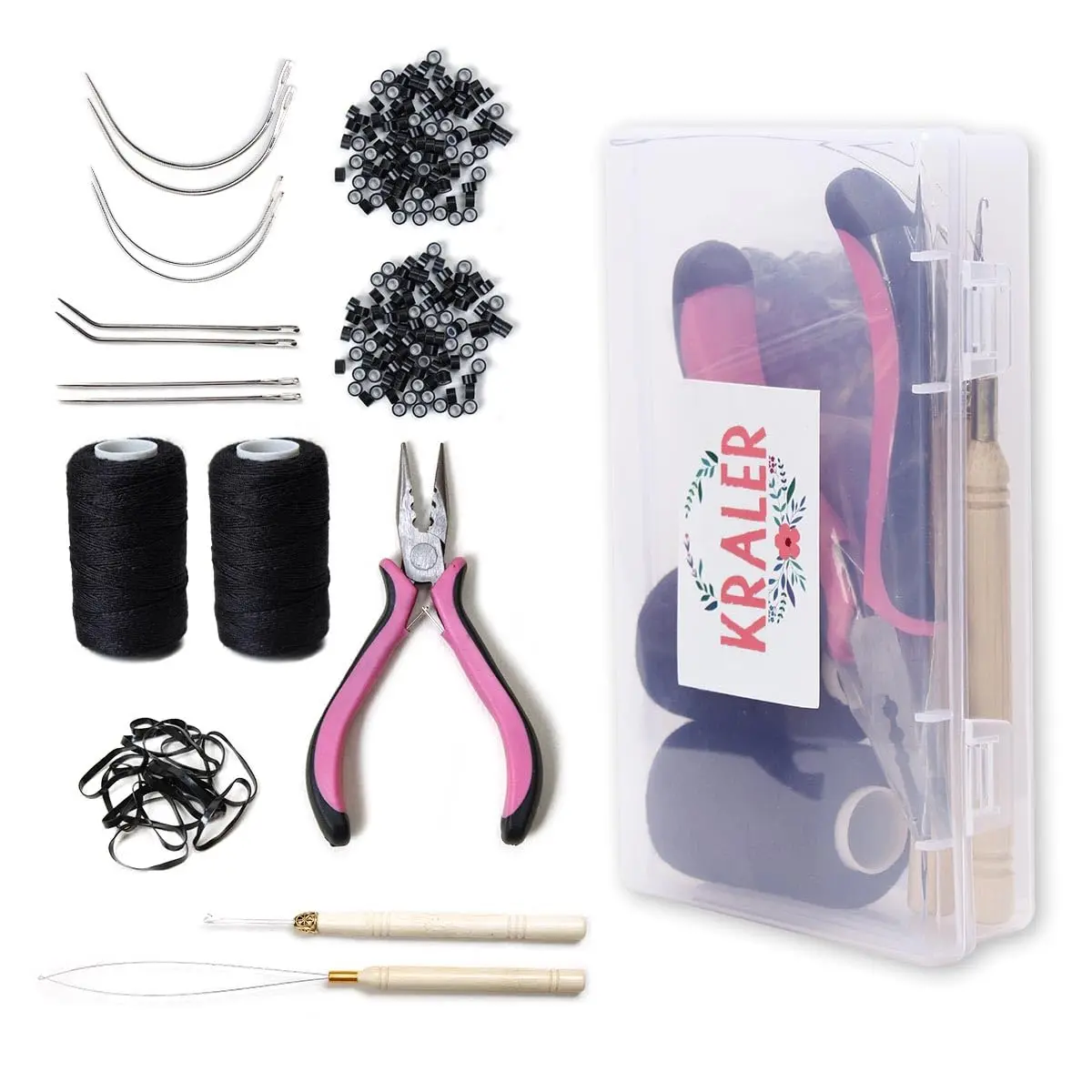 Hair Extension Tool Kit 200 count Black Hair Extension Beads With Tool | Secure  Lined beads, Three Hole Pliers, Sewing Thread, Loop Tool, Crochet Hook, Sewing , Black Mini Rubber