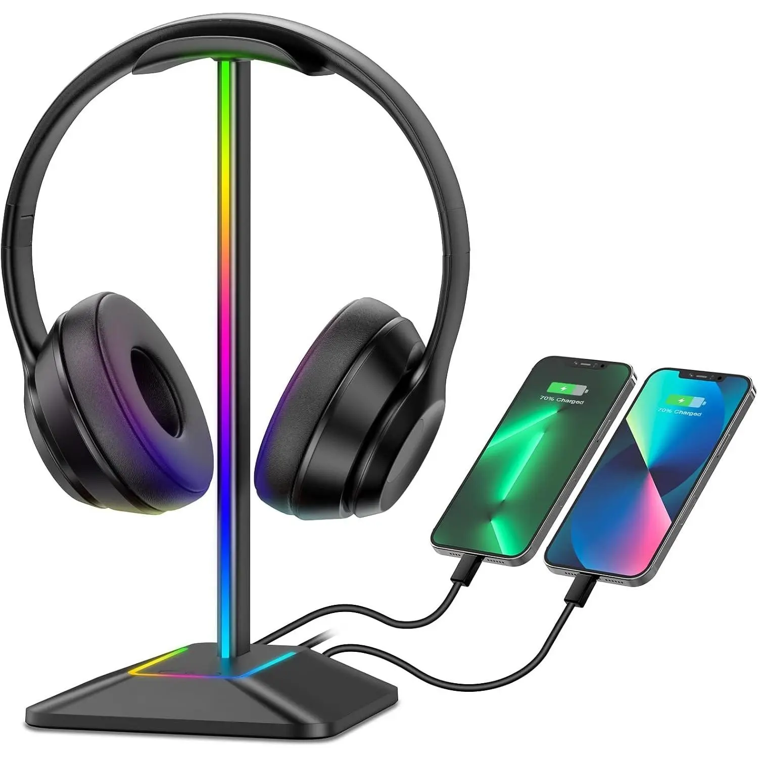 Headphone Stand with RGB Lighting, Sturdy  Gaming Headset Holder with USB-C & USB  Ports,  Desktop Earphone Stand for  Headphones Size, Black