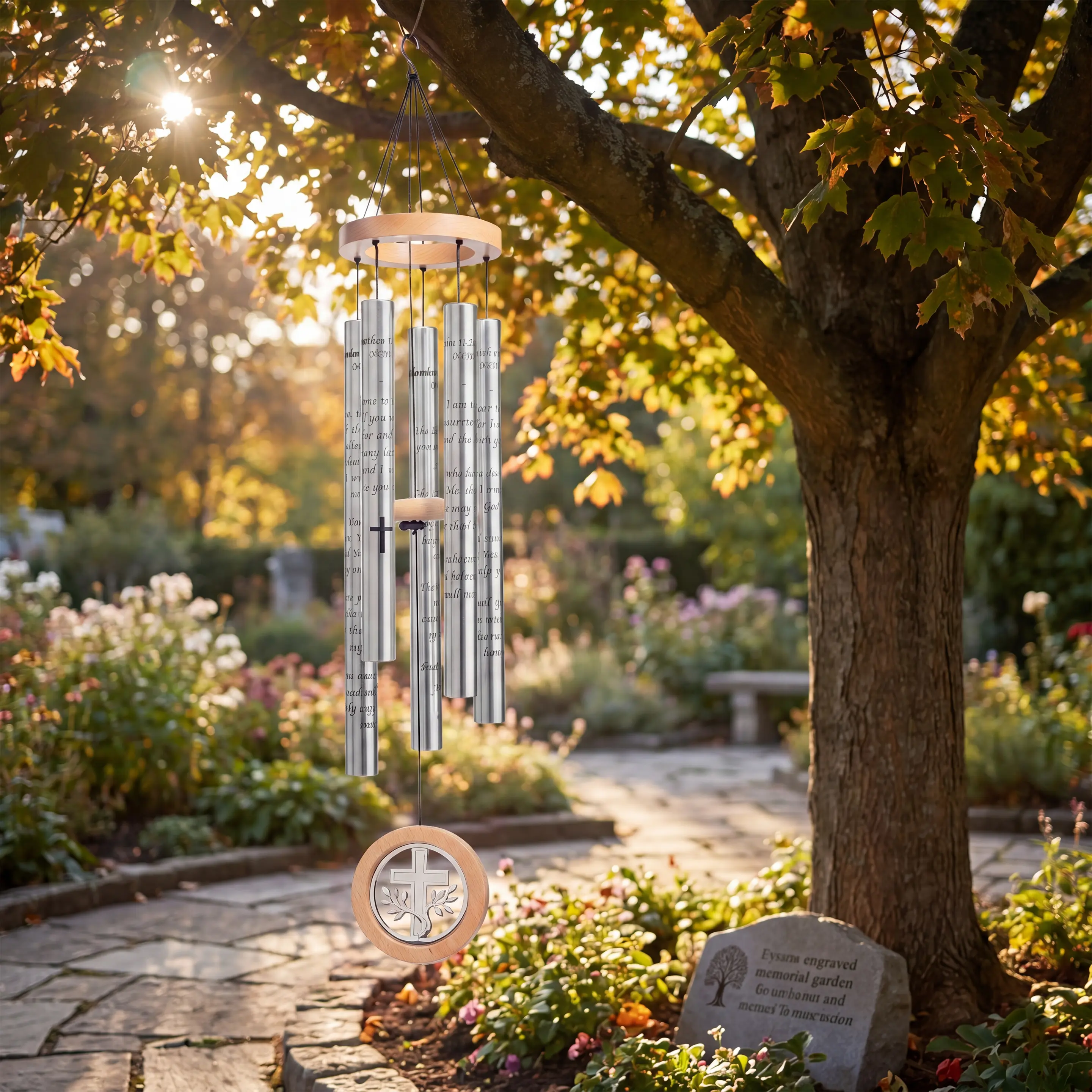 32 in Memorial Wind Chime Tree of Life & Cross - Deep-Tone Aluminum Sympathy Chime, Rust-Resistant Outdoor/Indoor Patio Garden Decor, Dual Symbol Wind Sails, Calming Resonance for Bereaved & Funeral Gift