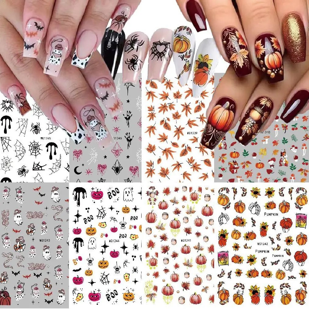 Fall Nail Stickers, Halloween Autumn Nail Art Decals with Pumpkin Maple Leaf Ghost Squirrel Designs, Multi Sheet Self Adhesive Nail Decor, Easy Apply Thin Manicure Accessories for Women DIY Home Salon, Thanksgiving Party tiktokshopbacktoschool