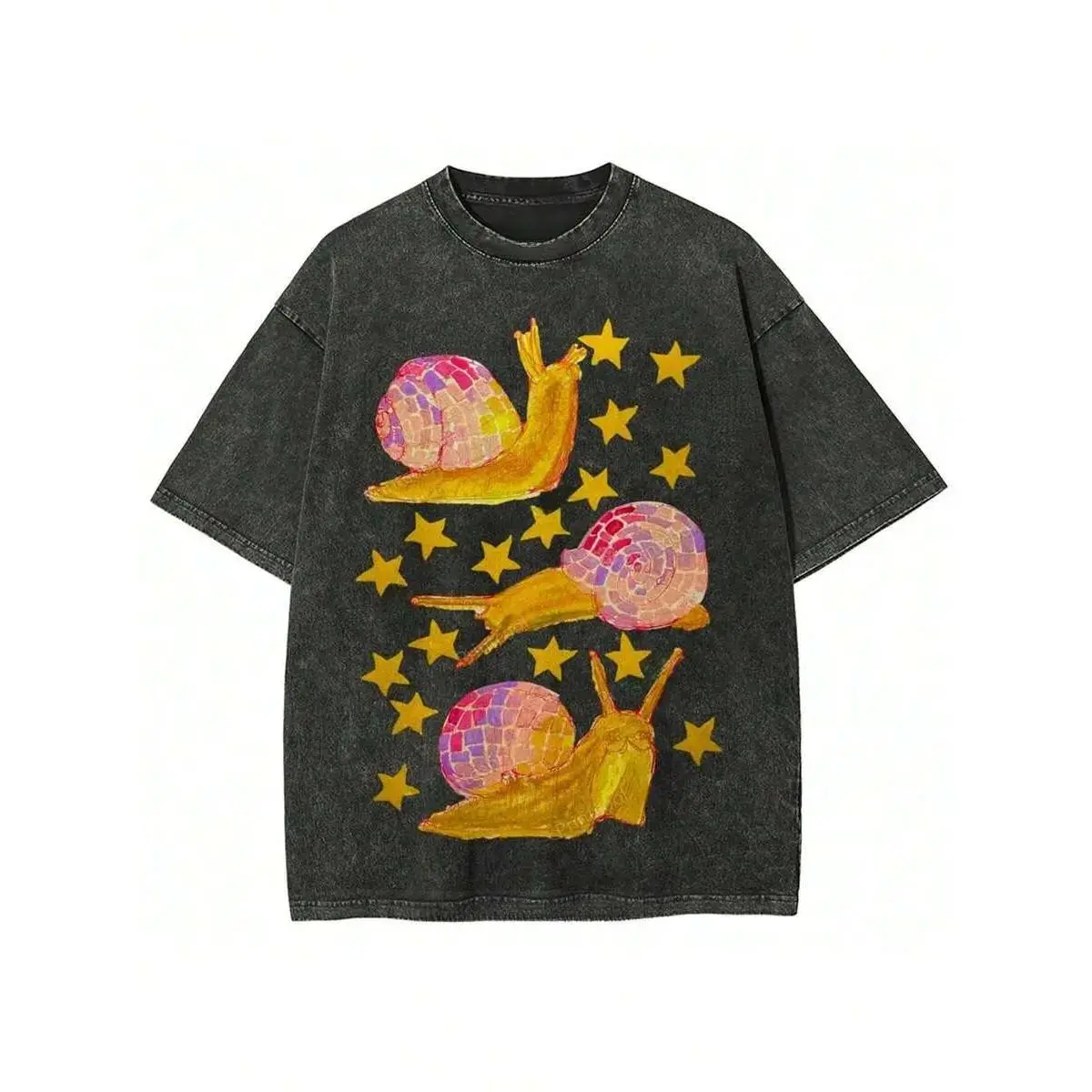 Men's Graphic T-Shirt, Retro Washed Cotton Oversized Short Sleeve with Disco Snail Stars Print, Round Neck Streetwear Tee for Fitness