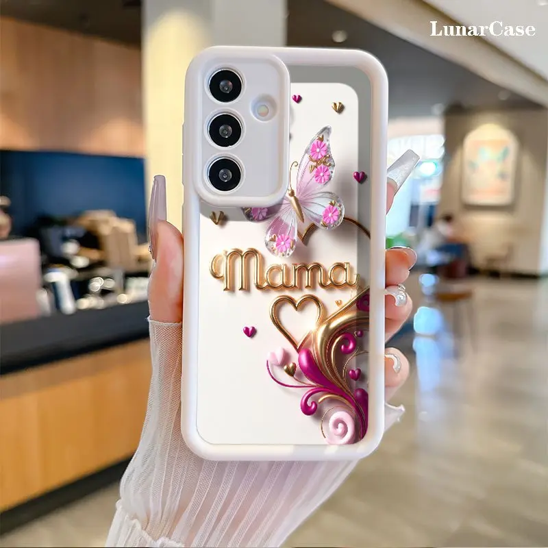 Phone Case: Golden Mama Text with Crystal Butterfly and Hearts Stylish Stepped Groove Case, Anti-Drop Anti-Scratch Thin Shell for Galaxy S26 S25 S24 S23 S22 S21 Fe Plus Ultra A13 A14 A15 A16 A17 A33 A34 A35 A36 A52 A53 A54 Note20