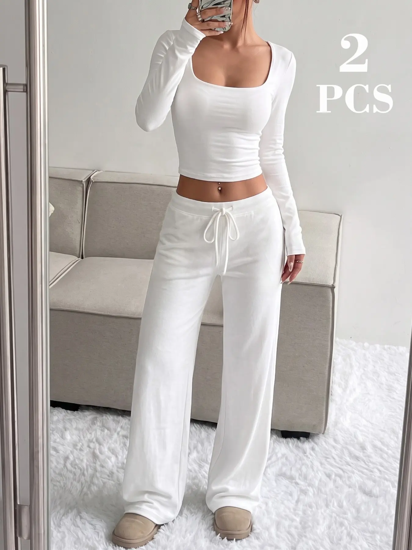 Women Vintage Retro 90s Y2K Coquette Co‑ords Matching Sets 2 PCS 2 Piece Outfit Square Neck Long Sleeve Cropped Top & Drawstring Elastic Waist Wide Leg Sweatpants Casual Loungewear Sets for Women