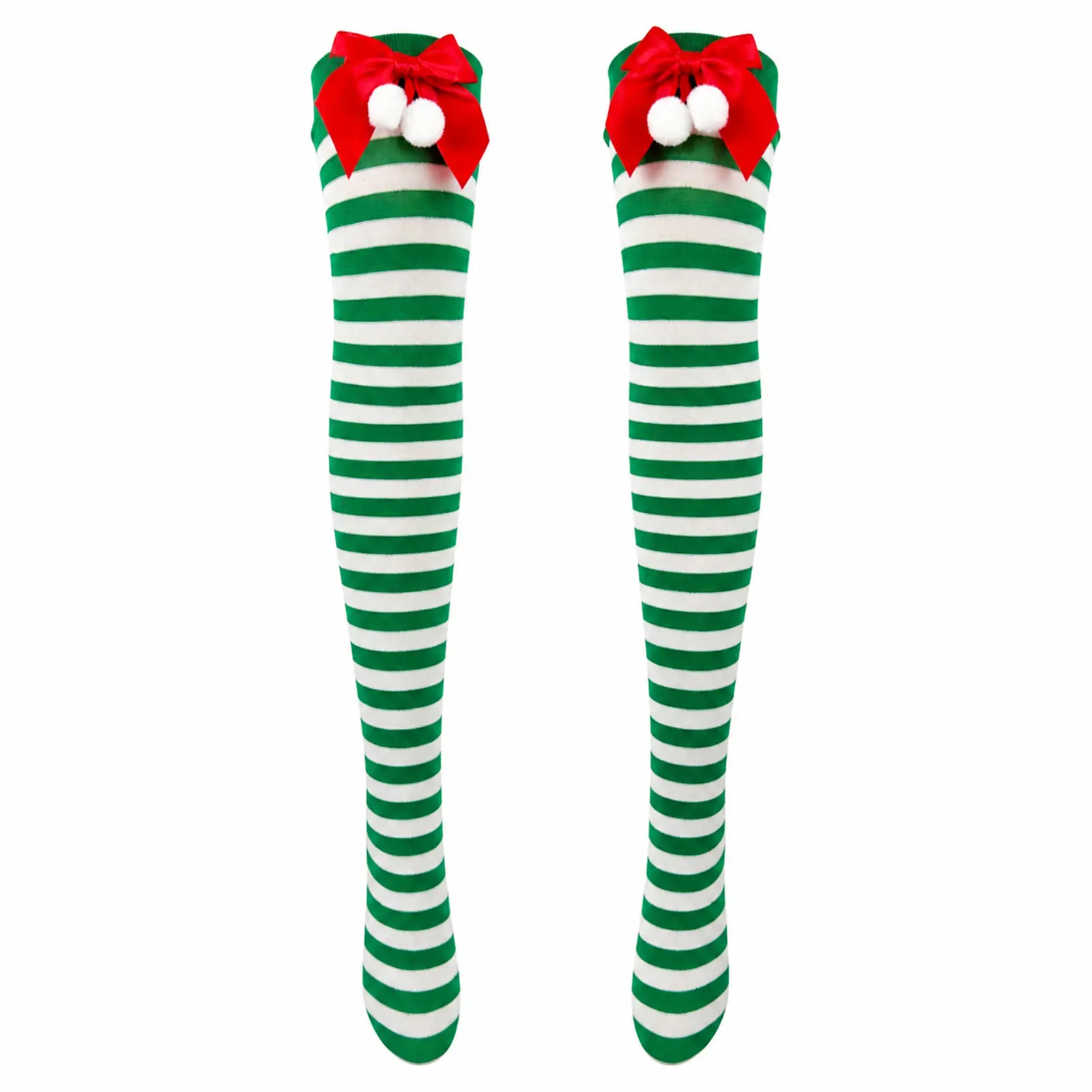OIDEA Christmas Thigh High Socks for Women, Green and White Striped Over the Knee Stockings with Red Bow and Pom Pom for Holiday Party