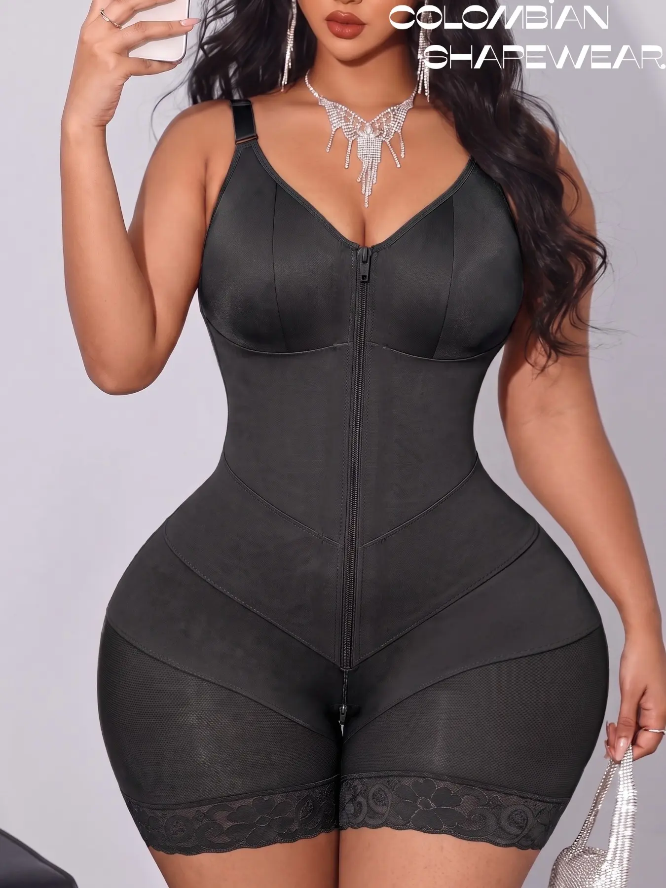 1 Count Women's Breathable Bodysuit, Colombian Shapewear, Fajas, Butt Lifting & Tummy Control Body Shapewear, Lace Trim Shapewear, Adjustable Shoulder Strap Shapewear Bodysuit, Zipper Closure Jumpsuit, V-Neck Soft Body Shaper, Ideal For Daily Wear