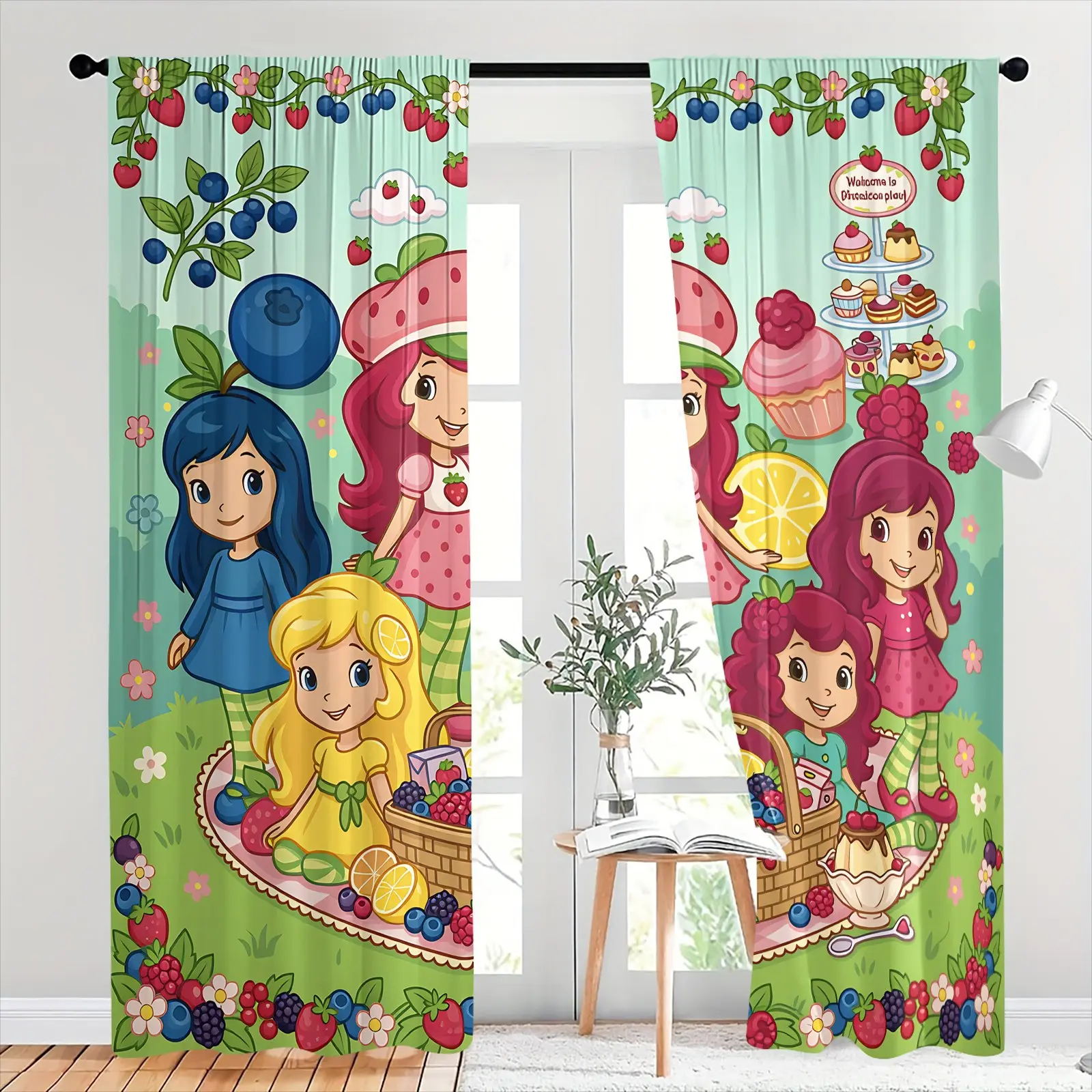 Strawberry Shortcake Berry Picnic Semi-Sheer Light Filtering Curtains, Privacy Protection Soft Diffused Light Brushed Flannel Drapes, Fruit Cartoon Girl Print Non-Blackout Rod Pocket Panels, Window Decor for Living Room, Girls Bedroom, Playroom