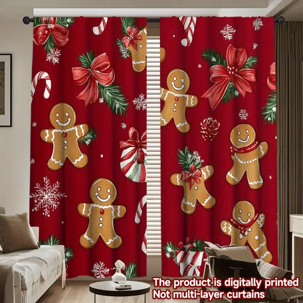 Christmas Theme Curtain Set, Gingerbread Man Print, Elegant Room Window Curtains for Living Room, Bedroom, Kitchen Decor