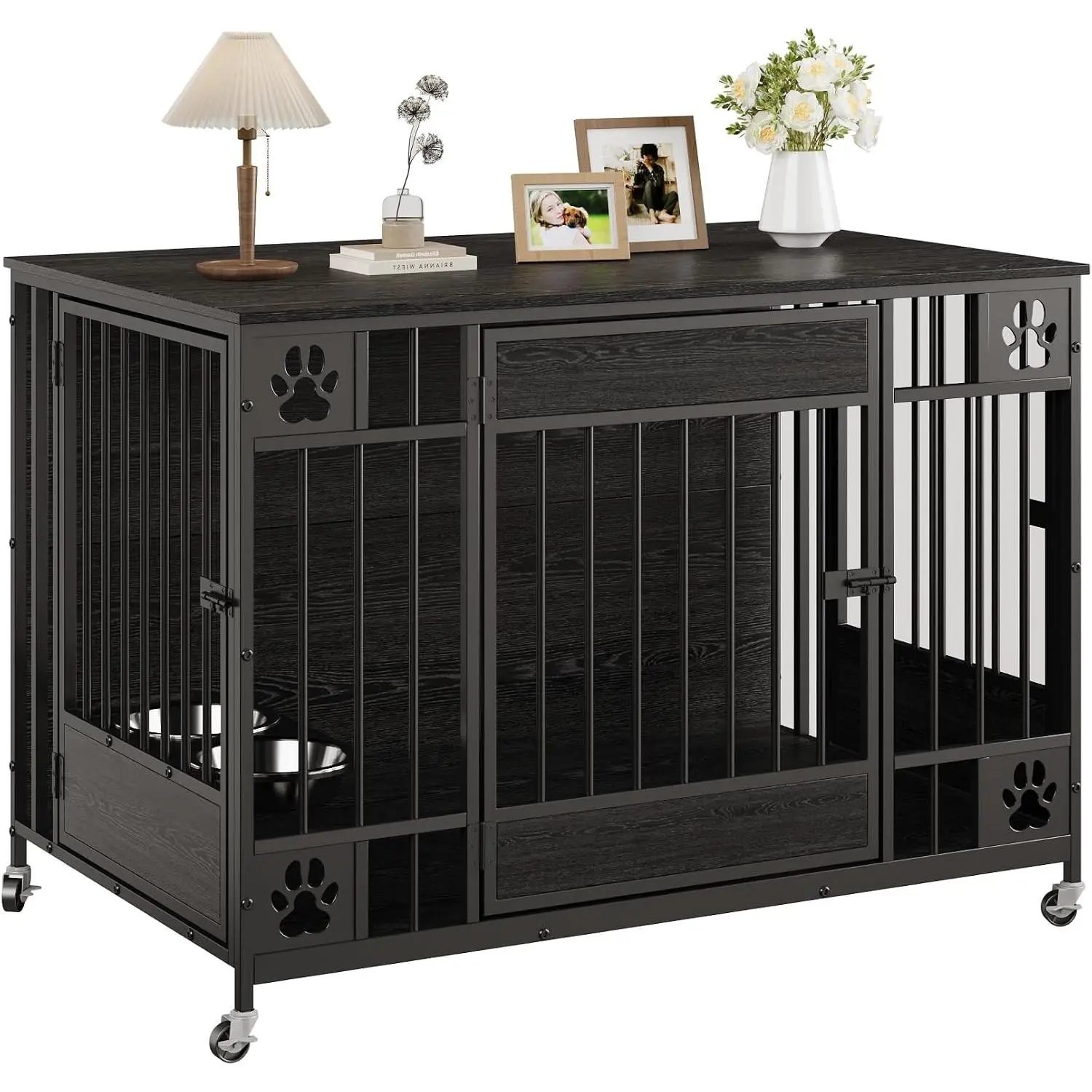 Dog Crate Furniture, 41" Indoor   wooden  Dog Kennel with Triple Doors, Black | Adjustable feeder with 2 bowls, lockable wheels, bolt-latch doors, furniture-style design for small and medium dog Cages