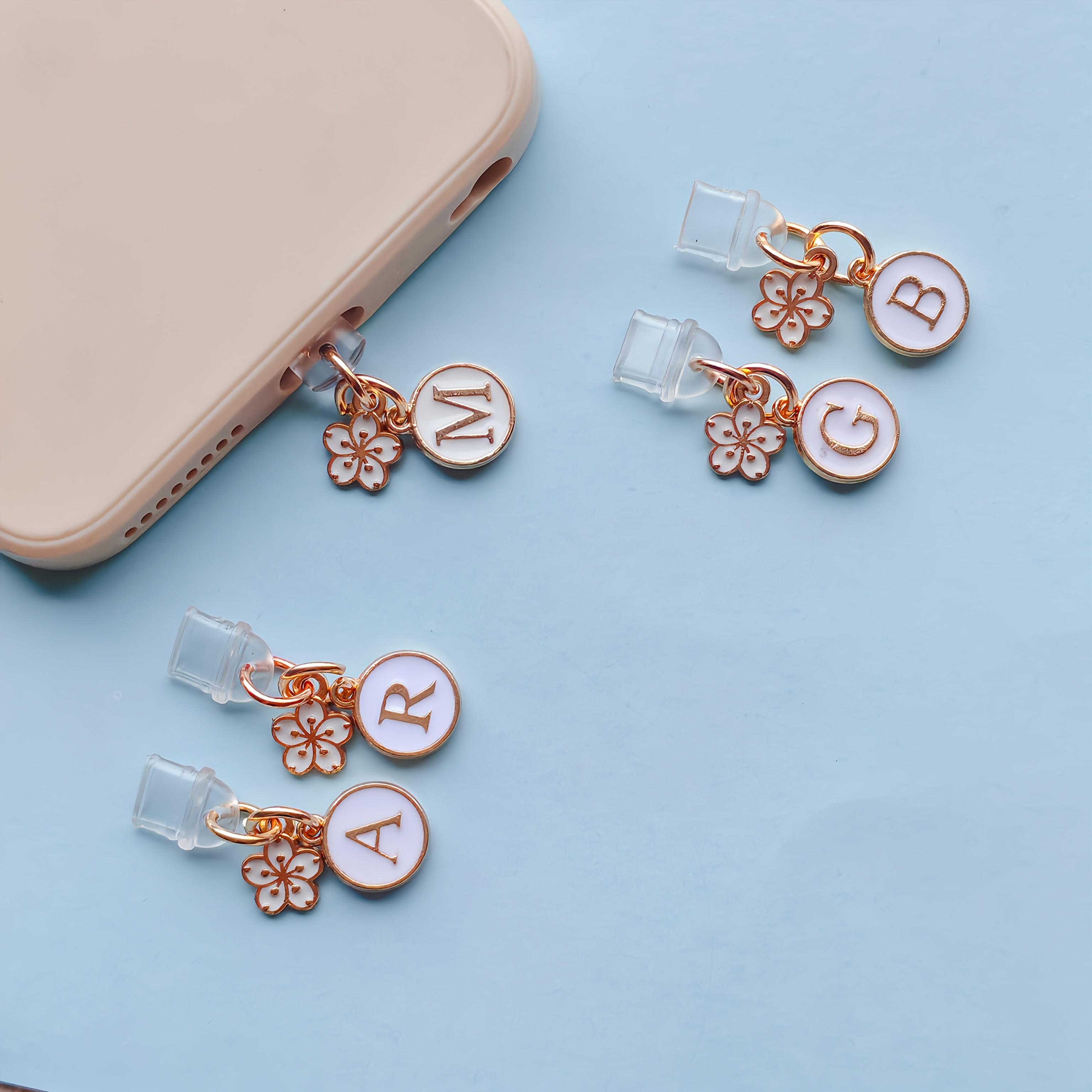 A New Cute Flower And Letter Phone Dust Plug, Featuring Charming White Cherry Blossoms And A-Z Initial Phone Port Dust Covers, Suitable for Phone Decoration, Compatible with Iphone And Type-C Ports, Perfect for Holiday Party Gifts