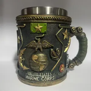 3D Military Theme Coffee Cup with Handle, Reusable Washable Resin and Stainless Steel, Travel Mug for Coffee Beer, Drinkware, Gift for Dad Boyfriend Birthday