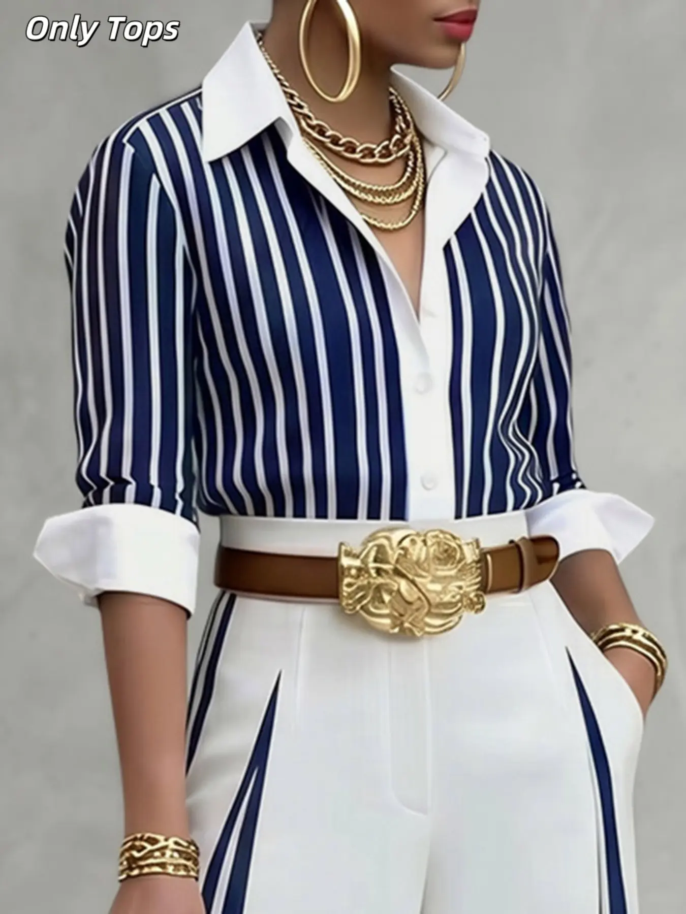 Long Sleeve Button Front Striped Turn-Down Collar Shirt Top Blouse, Button Front Collared, Stylish Fashion Casual Wear, Perfect for Daily Everyday, Comfortable and Trendy Design