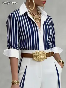 Long Sleeve Button Front Striped Turn-Down Collar Shirt Top, Stylish Casual Wear, Perfect for Daily, Comfortable and Trendy Design