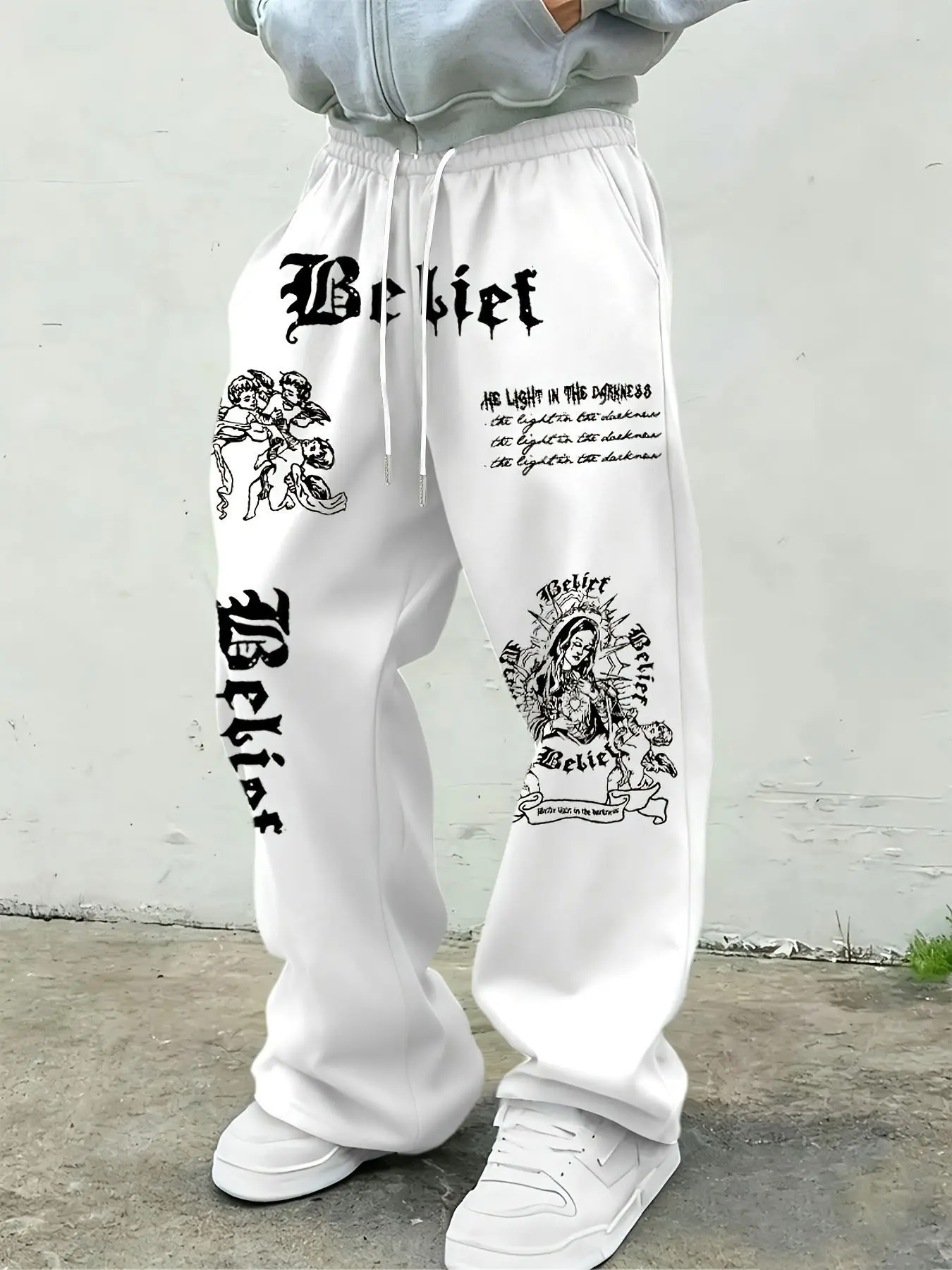 Gothic Angel Print Drawstring Sweatpants, High Street Wide Leg Drop Waist Casual Straight Pants, Winter Slim Fit Trousers