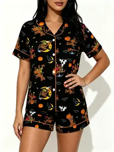 Halloween Dog Print Pajama Set for Teens, Soft Breathable Short Sleeve Top & Shorts, Casual Loose-Fitting Sleepwear, Fun Gift Idea