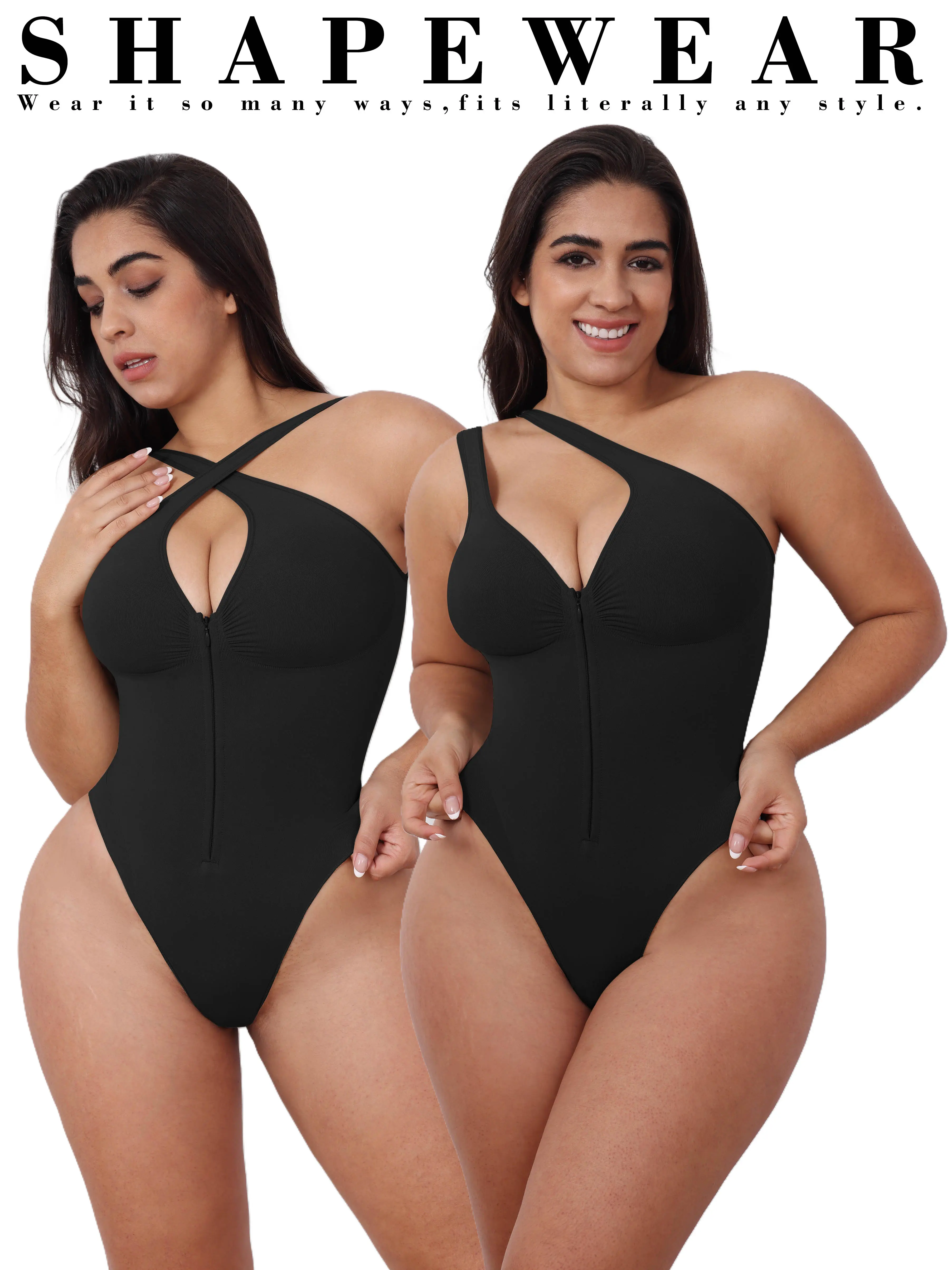 Front Zip Tummy Control Shapewear Bodysuit Adjustable Straps Sleeveless Unpadded Snap Crotch Soft Stretch Body Shaper for Women Everyday Layering