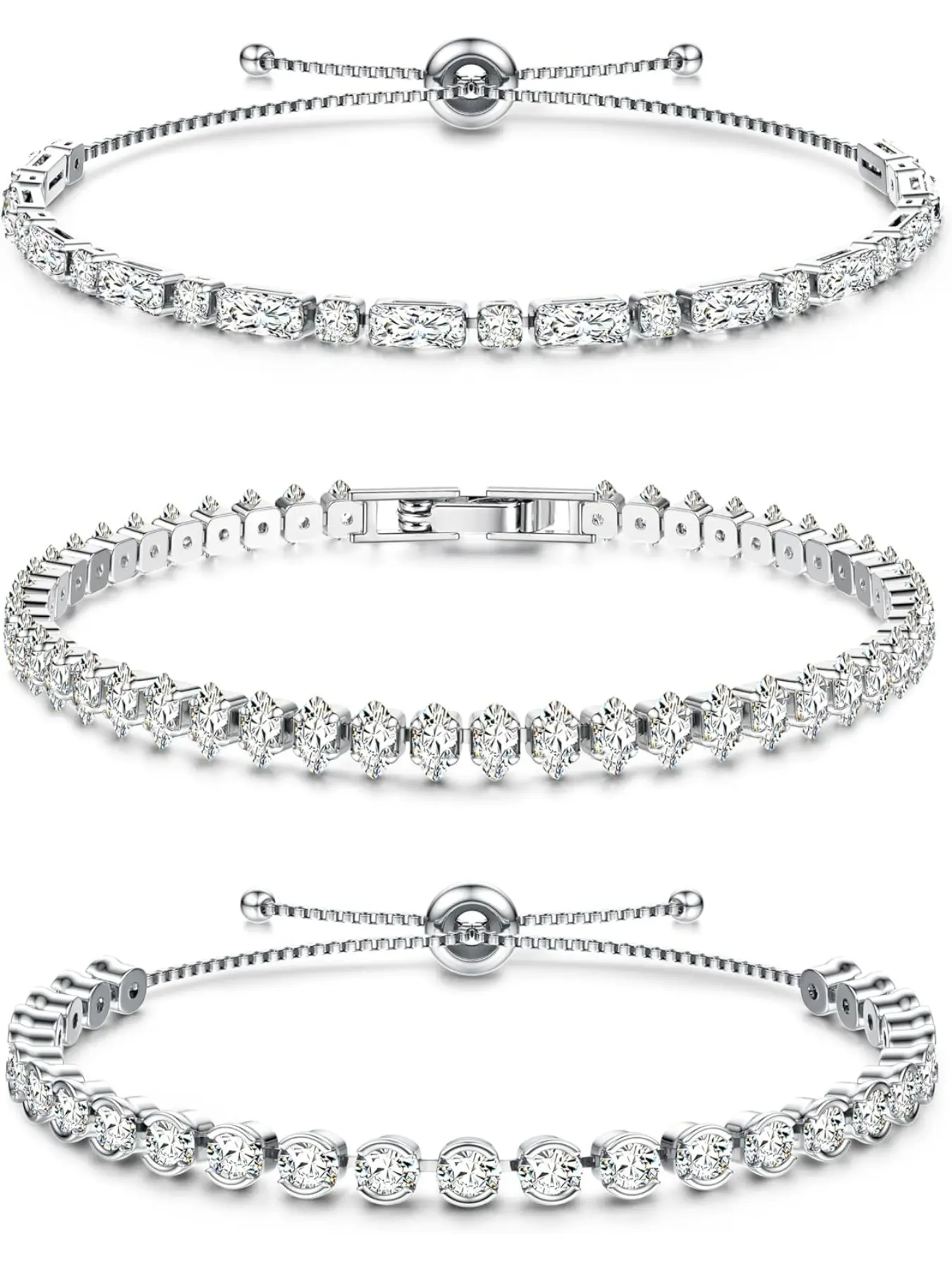 3 Pieces Silver Tennis Bracelets for Womens Silver Bracelet Crystal Cubic Zirconia Bracelet Sparkle Diamond Bracelets Friendship for Gifts Jewellery Christmas Birthday Fashion Wrist Jewelry Dainty Crystal Bracelet