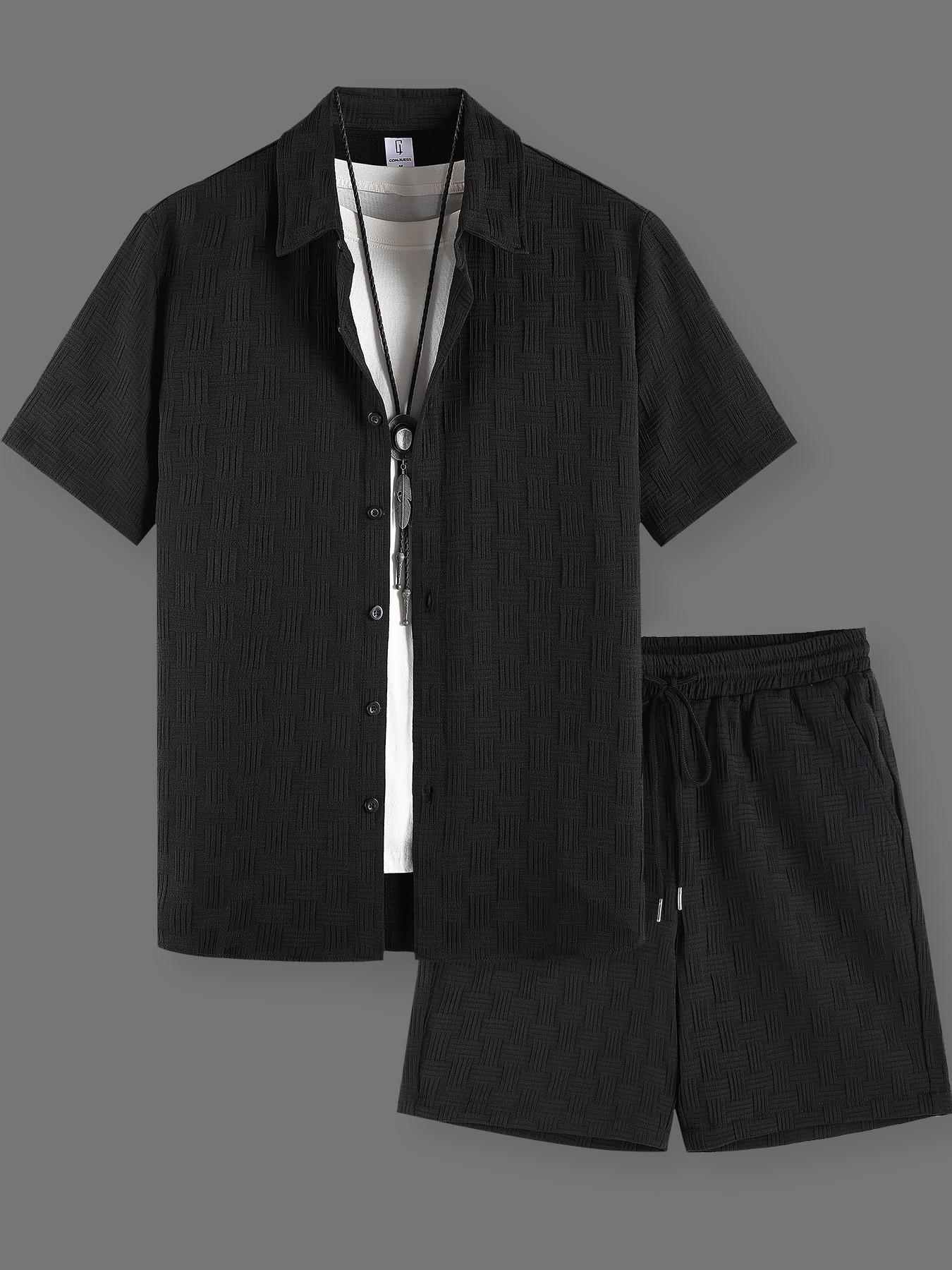 Men's Regular Fit Short Sleeve Pajama Two-piece Set, Casual Comfy Button Up Top & Shorts Pj Set, Men's Summer Sleepwear, Loungewear