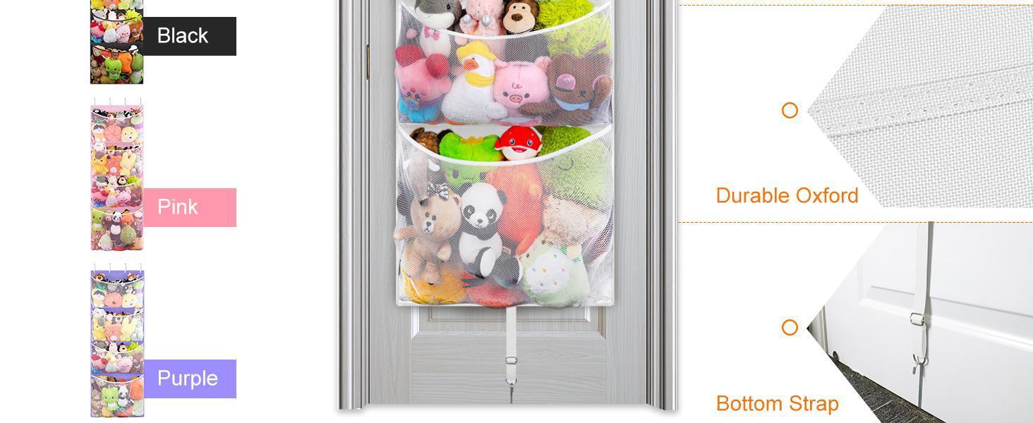 SUNDAY MIRTH Hanging Stuffed Animal Storage, Over Door Large Plush Toy Organizer with Metal Hook, Baby Accessory Holder Idea for Nursery, Doll & Bear Mesh Hammock Bag for Girl Boy Kid Room