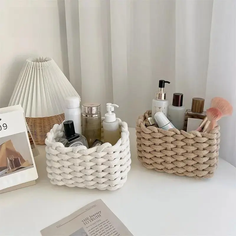 Woven Storage Basket, Portable Handmade Desktop Cosmetics Organizing Basket, Toiletries Basket, Home Organizer for Living Room and Bedroom# GLOBAL PICKS