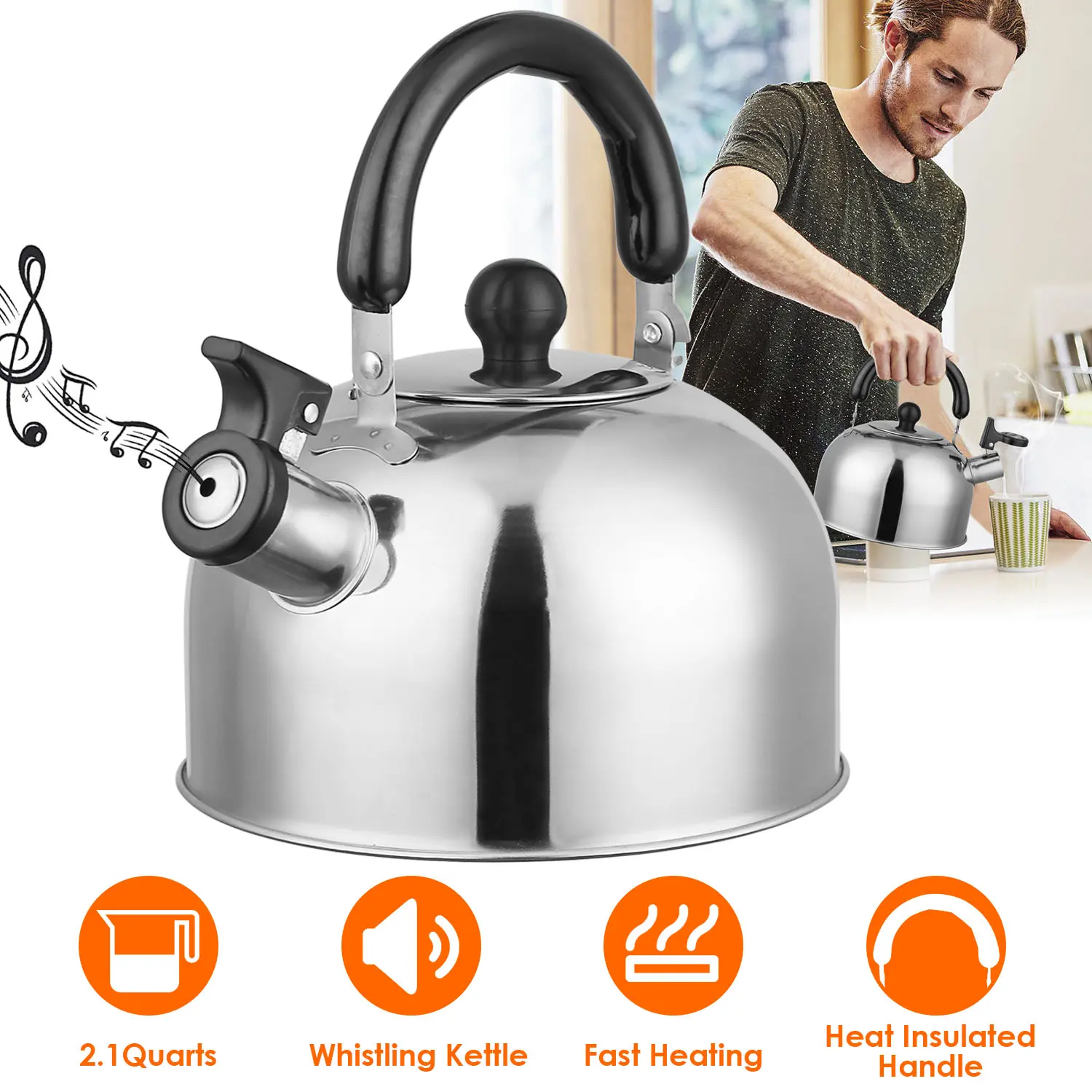 2.1 Qt Whistling Tea Kettle, Stainless Steel Stovetop Teapot, Induction & Gas Compatible with Cool-Touch Insulated Handle for Home, Camping & Office