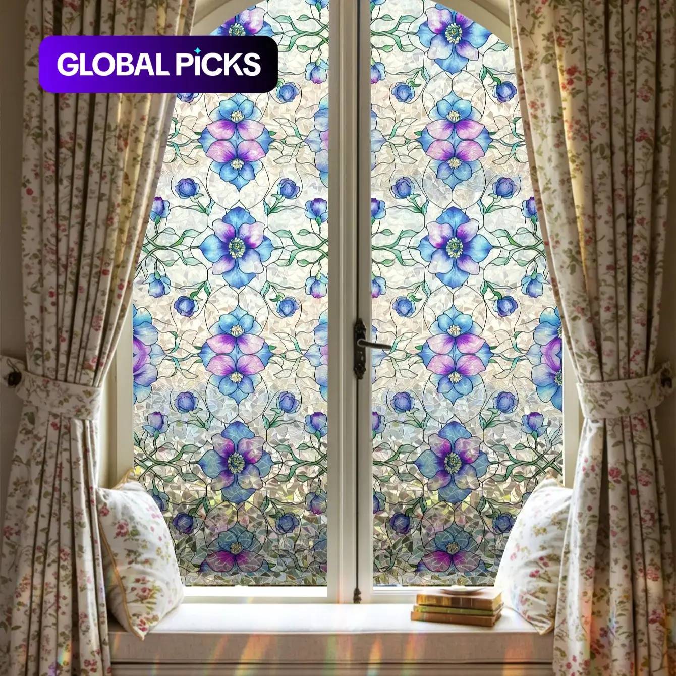 3D Rainbow Window Privacy Film, Floral Glass Decal, Colorful Adhesive Decorative Room Decoration, Home Decor, Non-Tacky Reusable 17.53*118inch, Flower #GLOBAL PICKS