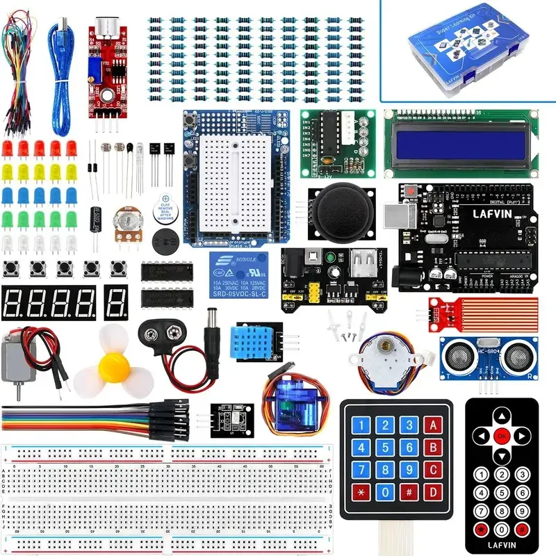 Beginner Electronic Parts Starter Project Kit with USB, Resistors, AC-to-DC Adapter, I2C, LCD1602, 74HC595, Segment Display, LED Diodes - Compatible with Arduino R3, Mega2560, Mega328, Nano, Includes Tutorial, Works with Arduino IDE
