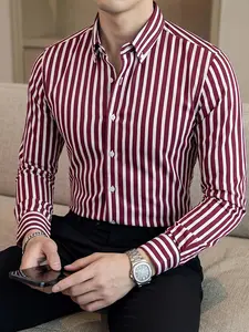 Men's Wine Colorblock Blouse Shirts, Casual Fitted Long Sleeve Top, Striped Geometric Pattern, All Seasons, Plain Surface, Unlined, No Zipper