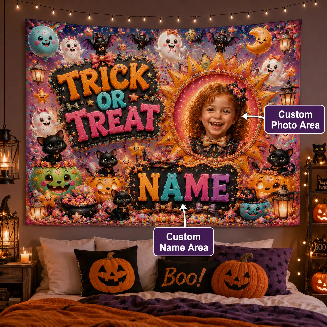 Personalized Trick or Treat Backdrop with Photo and Name, Colorful Candy Decor