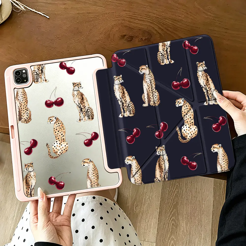 Cheetah and Cherry iPad Case， Trendy Aesthetic Style， iPad Case for iPad Pro 13 M4 2024 iPad Air6 M2 2024 iPad Pro 12.9 2022 iPad Pro 11 2022 iPad Air5 2022 iPad Mini6 2021， Chic Fashion Gift
