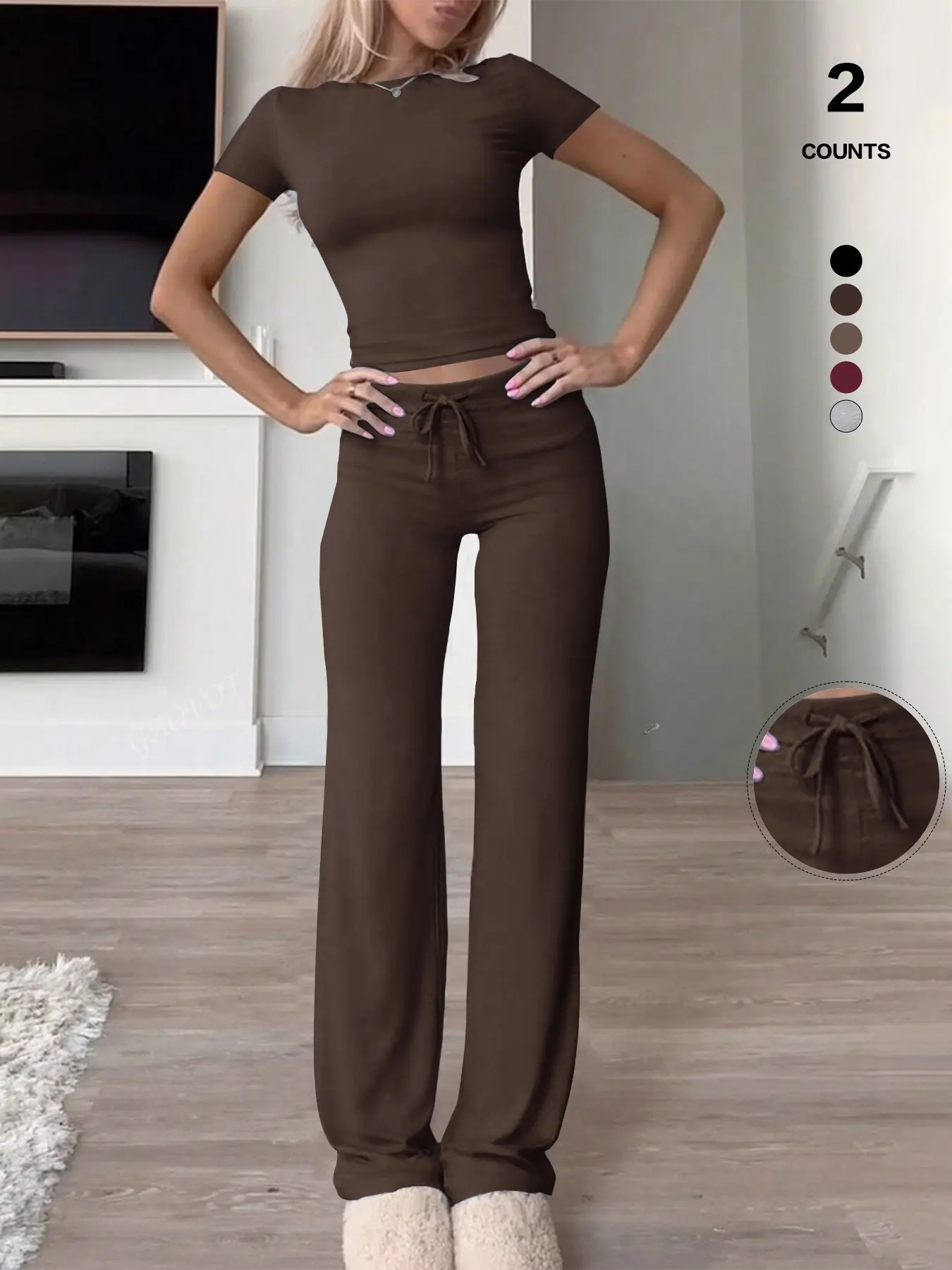 Women's 2 Piece Lounge Sets Straight Leg Pants Set Short Sleeve Crewneck Crop Tops and Long Pants Tracksuit Outfits Plain Tracksuit Set