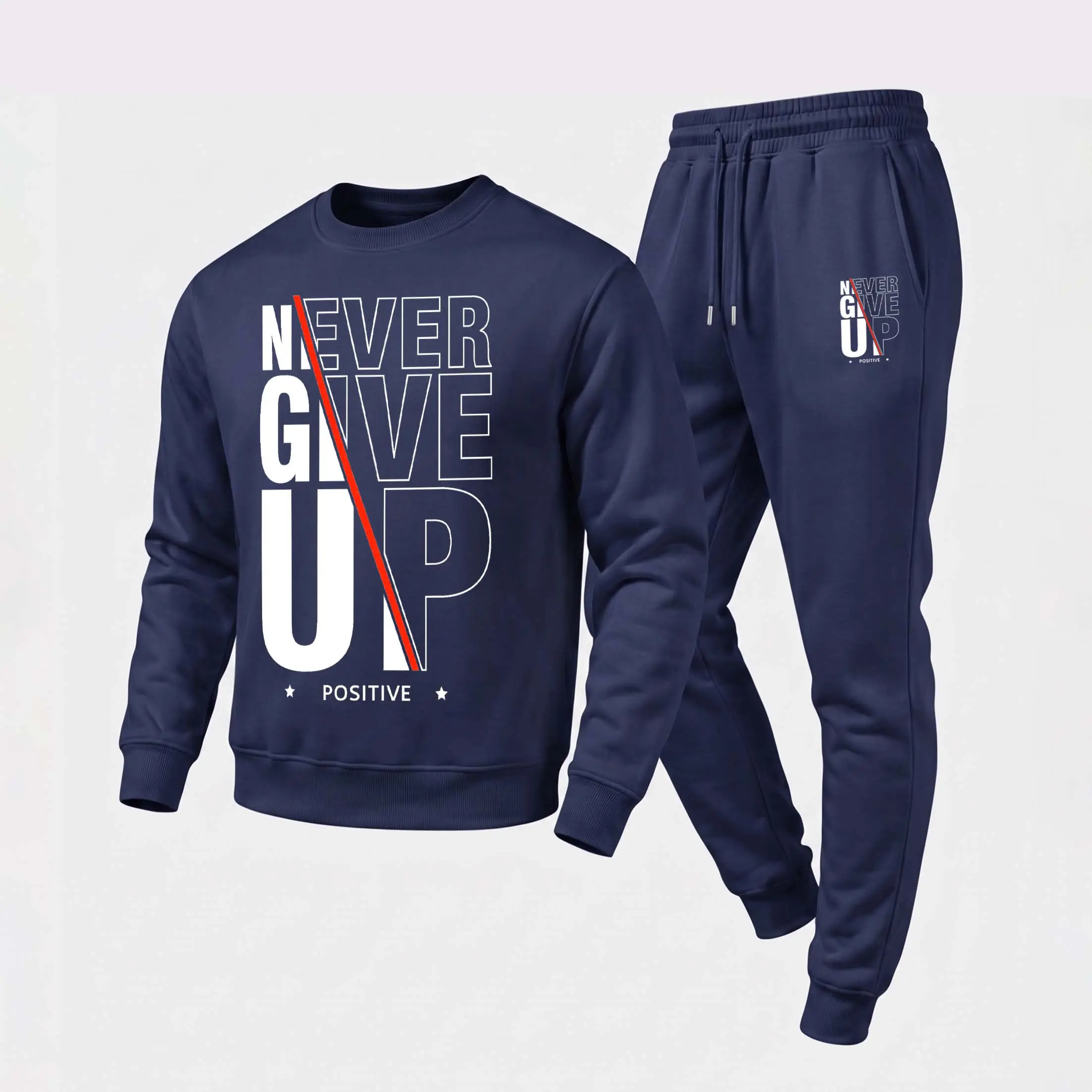 Men's Never Give Up Graphic Crewneck Sweatshirt and Jogger Pants Set, Casual Long Sleeve Pullover with Drawstring Sweatpants, Fall Winter Tracksuit for Daily Wear, Travel, Lounge, Workout and Indoor Outdoor Activities