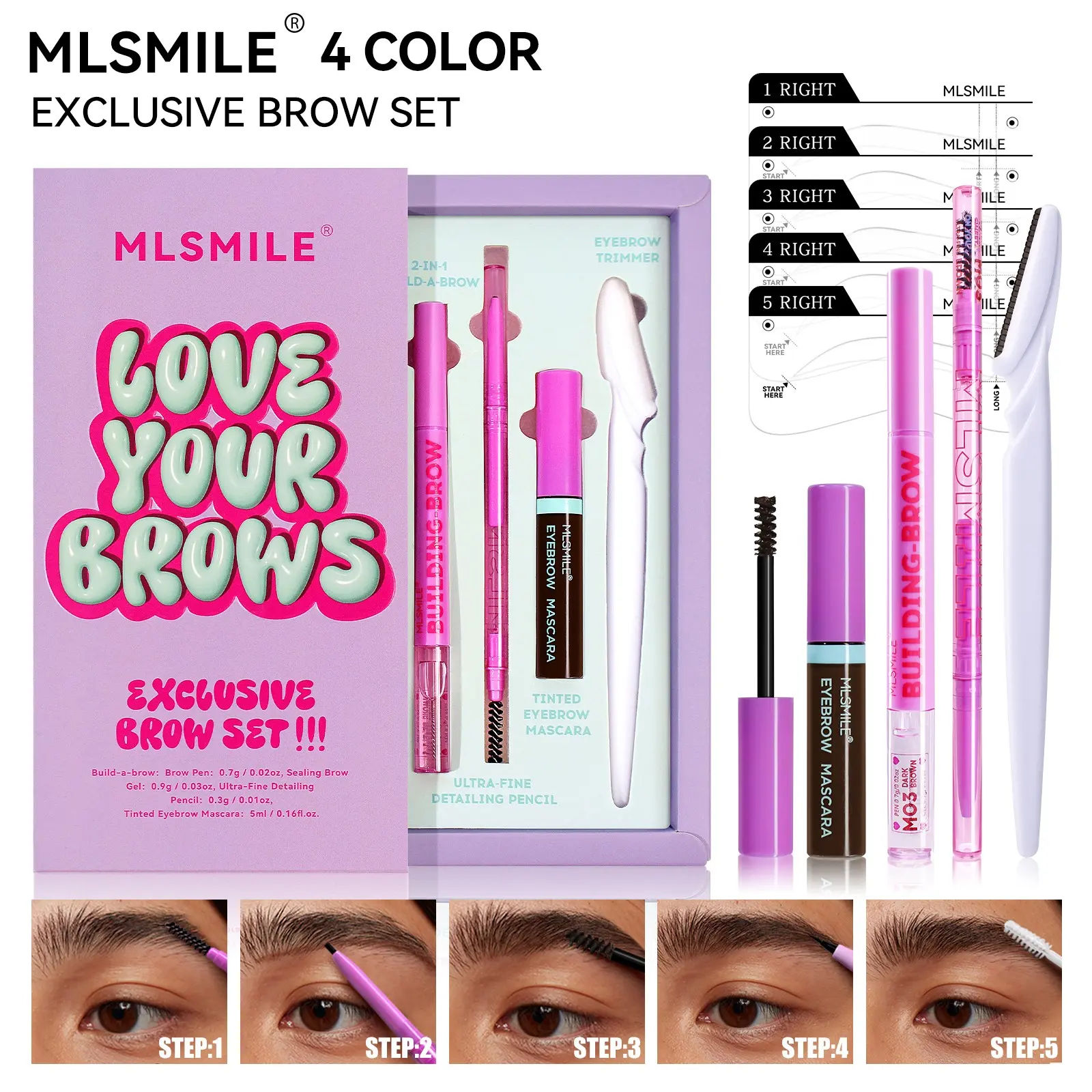 Complete Eyebrow Makeup Set, Everyday Brow Set, Eyebrow Kit, Brow Shaper Liquid, Dual-Ended Pencil, Dye, Trimmer, Guide Card, Essential Beauty Tools for Perfect Brows
