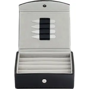 Mens Leather Travel Cufflinks Ring Storage Box Case Includes 2 Sets Metal Collar Stays - Holds 9 To 12 Pairs - 5.75 x 4.75 x 1.75 inches Holder Organizer