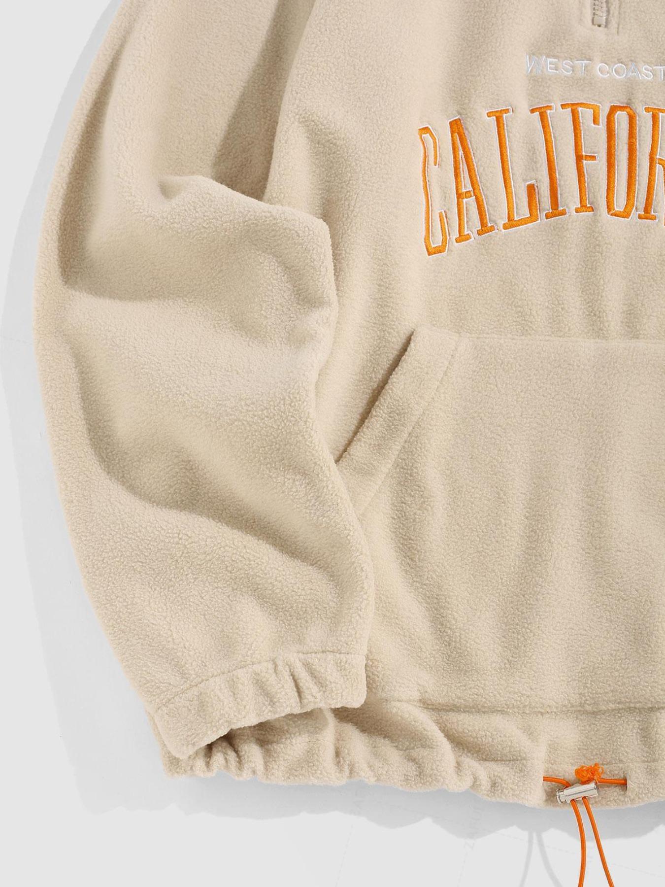 Men's Casual Loose-Fit High Neck Sweatshirt, California Embroidery Long Sleeve Pullover, Thick Fleece Fabric for Fall & Winter, Embroidered Sweatshirt