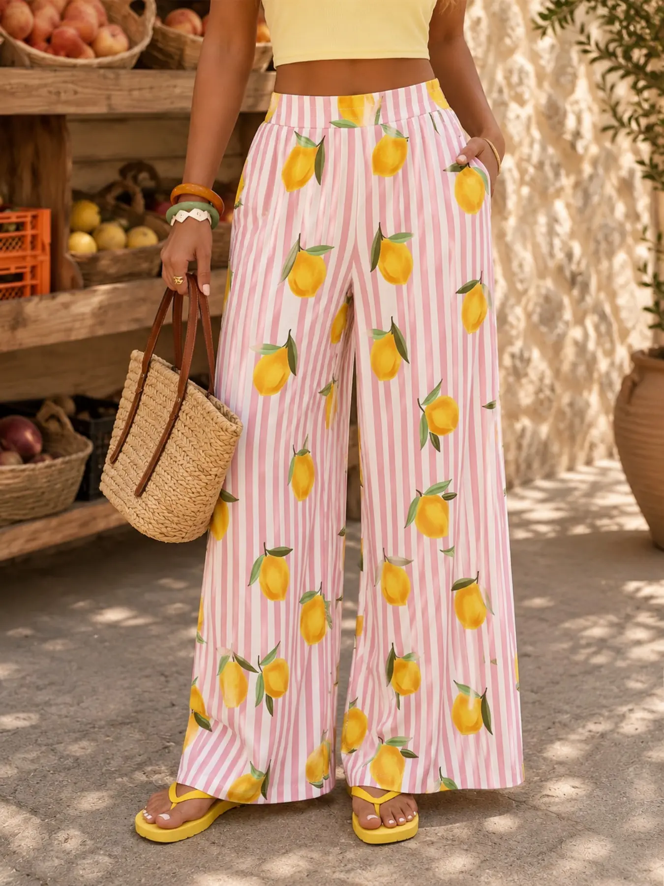 Summer Vertical Stripes Lemon Print Wide Leg Pants, Elastic High Waist Flowy Beach Long Pants, Casual Loose Fit