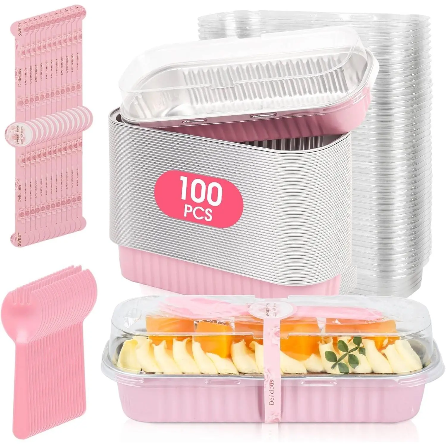100 Pack Mini Cake Pans with Lids and Spoons, Disposable Aluminum Foil Cake Tins（6.8oz） Individual Small Cake Baking Containers for Party, Wedding, Birthday