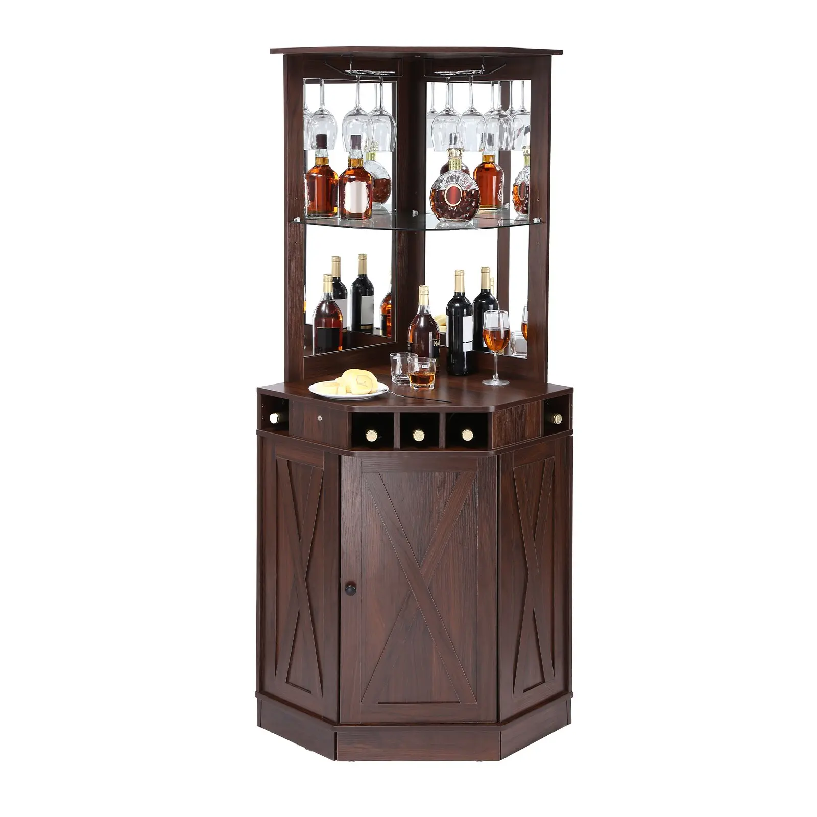 Corner Industrial Bar Cabinet, Wine Table for Liquor Glasses, Sideboard Buffet Cabinet with Glass Holder, Freestanding Farmhouse Wood Coffee Bar Cabinet for Living Room, Home Bar, Black Walnut