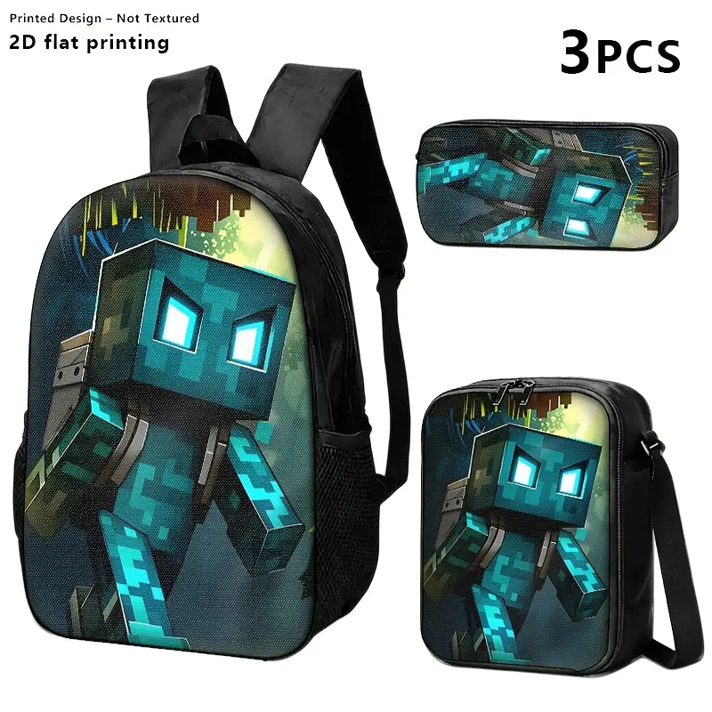 Durable Water Resistant 3-Piece Kids Backpack Set, School Backpack + Lunch Bag + Pencil Case, Minecraft Blue Glowing Pixel Robot Jungle Block Print, 600D Oxford, Breathable Straps