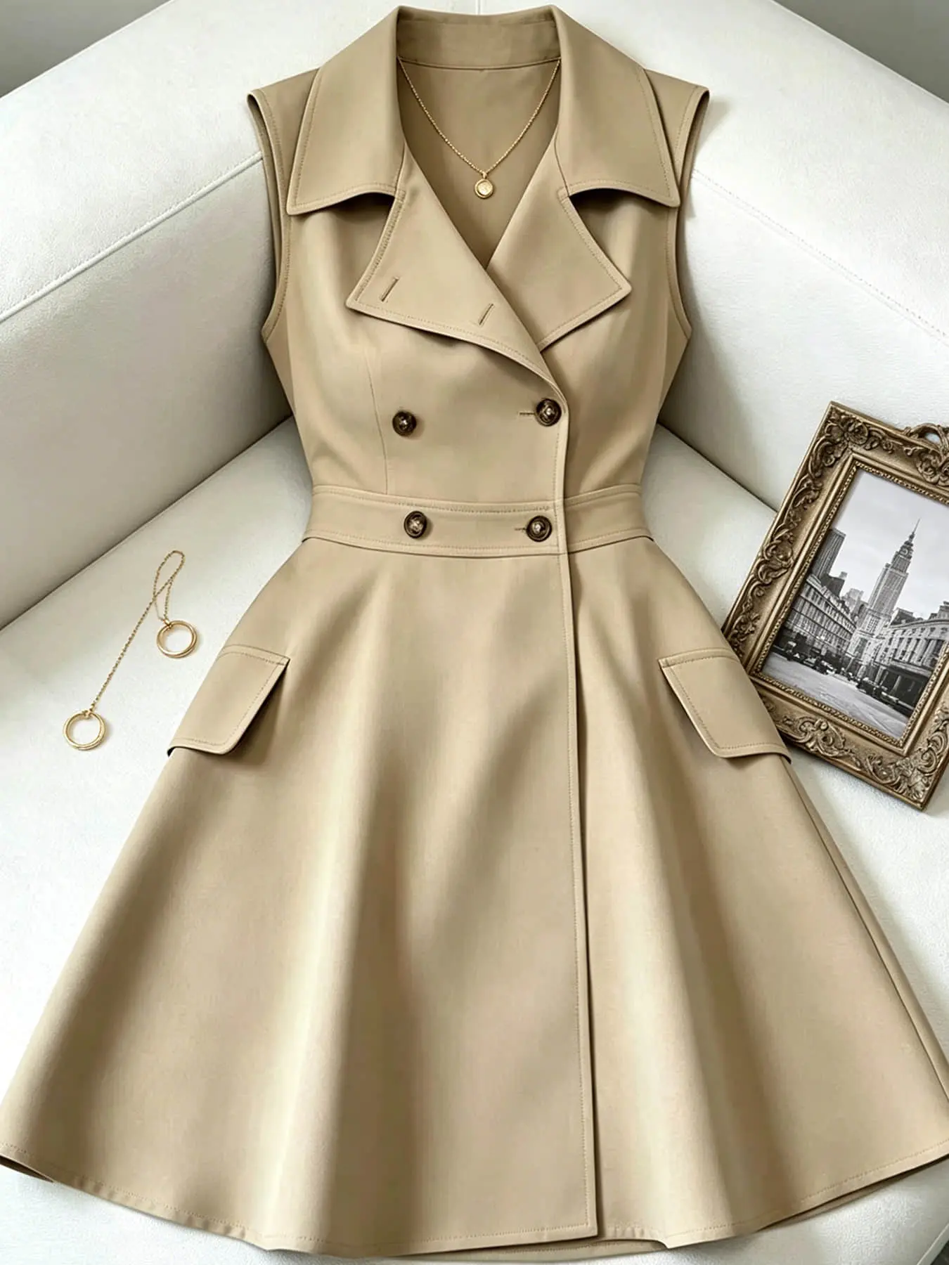 A women's chic fashionable khaki lapel double breasted sleeveless suit dress with a waist cinched A-line short skirt and pocket design, suitable for commuting indoor and outdoor wear