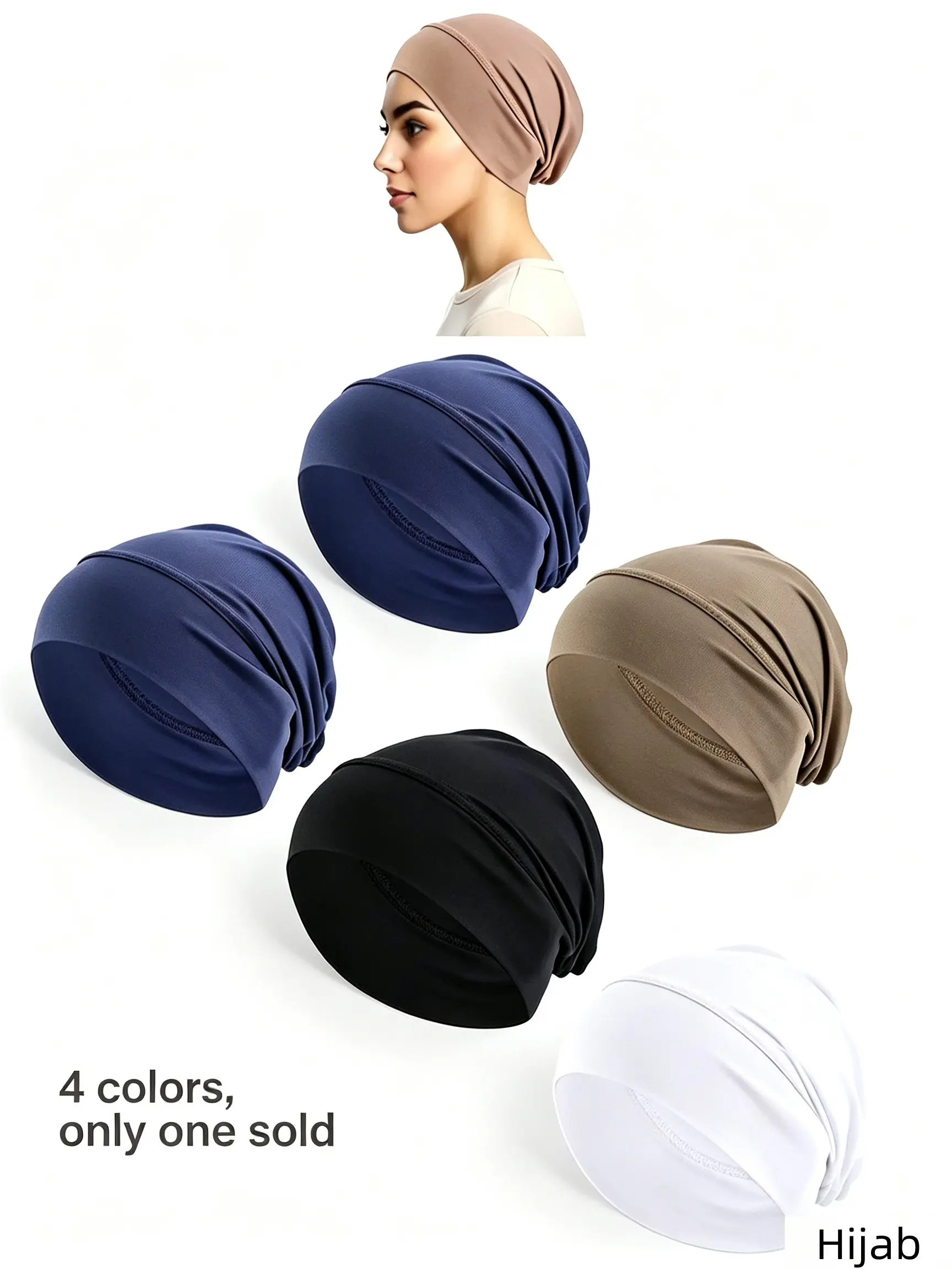 Muslim Women Hijab Undercap, Stretch Breathable Head Liner Cap, Non-Slip Solid Color Beanie, Casual Travel Daily Use, 4 Colors