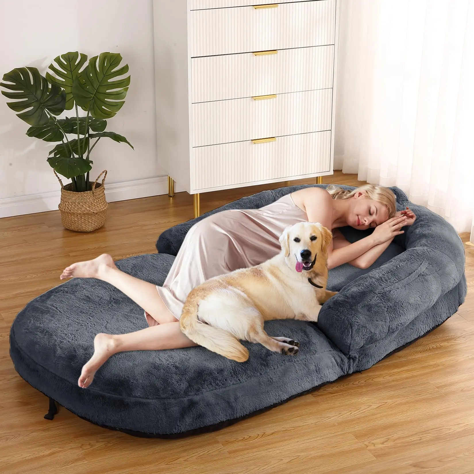 Garvee Large Foldable Human Size Dog Bed for Adults, 71"x43"x10" with Washable Faux Fur Cover, Dark Grey, Comfortable Napping Space for You and Your Pets