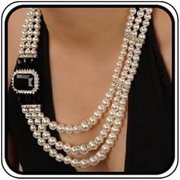 1920s 3-layered White Faux  Necklace and Earrings Set with  and Rhinestone Bridal Long  Necklace Statement Women
