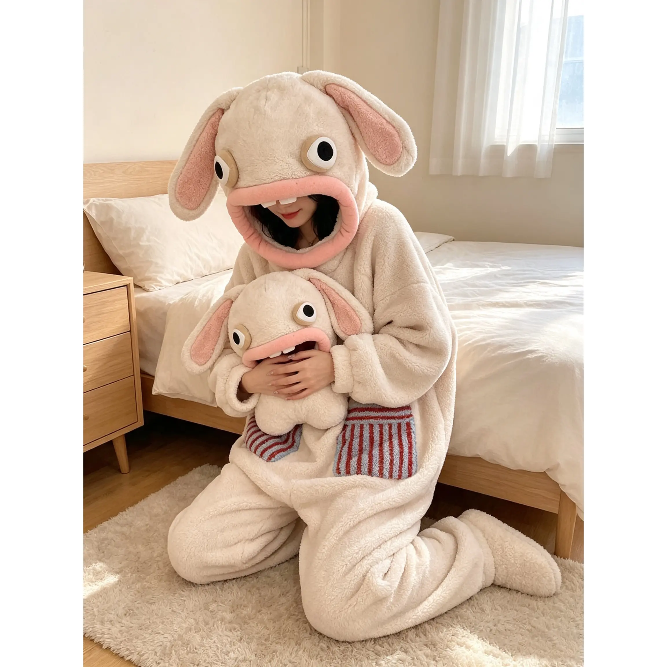 Women's Cartoon Rabbit Hooded Onesie Pajamas| Thick Coral Fleece Winter Sleepwear| Cute Kigurumi Lounge Wear for Home & Outdoors