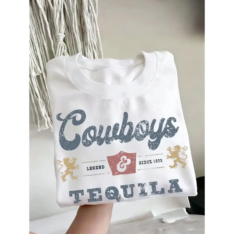 Women's Cowboy & Tequila Western Graphic Tee, Distressed Cowboy Tee, Summer Loose Fit Round Neck Short Sleeve, Casual Top for Gifts and Weekend Outfit, Concert Outfit, Barbecue Party, Oversized, Womenswear graphic tees