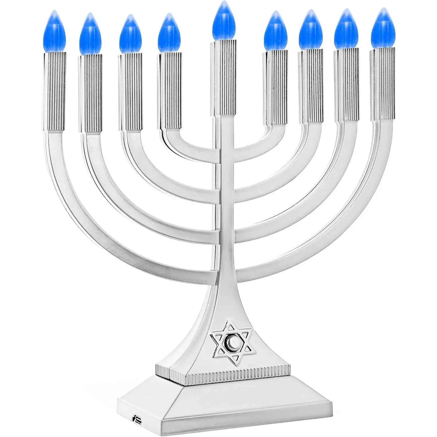 9" LED Hanukkah Menorah Medium Metallic Silver Battery or USB C Type Powered Flameless Chanukah Candleholder USB Electric Minorah Bulbs Chanukah Decoration Lights Hanukkiah