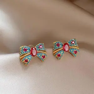 Women's Exquisite Vintage Minimalist Bow Stud Earrings - Glittering Blue Synthetic Zirconia Inlaid, Lightweight Luxury Jewelry, Daily-Party Accessory, Ideal Gift for Her (Bag Charm for Luggage & Bag Accessories)