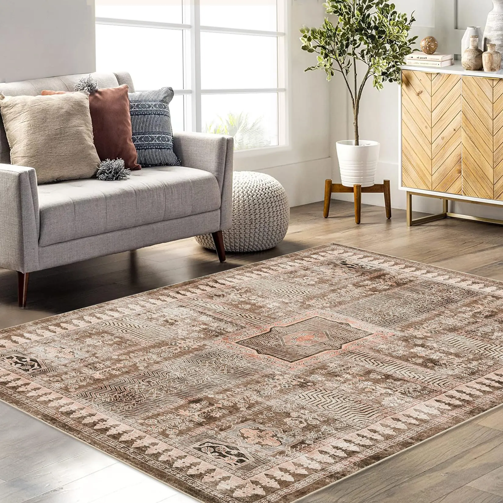 Garvee Washable Area Rug 9'x12' Taupe Retro Chic Medallion Distressed Design Living Room Indoor Non-Slip Non-Shedding Oriental Accent Throw Rug for Kitchen Bedroom Office Carpet