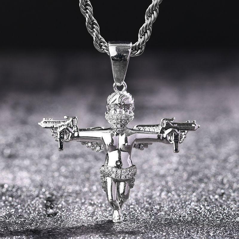 Hip-Hop Gold-Plated Masked Angel With Wings And Dual Swords Pendant Necklace, Solid Micro-Inlaid Zircon Jewelry